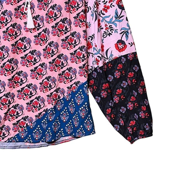 Patchwork Boho Blouse Women's Sz XL Floral Hippie Navy Multi Peasant Fall Colors - Picture 8 of 11